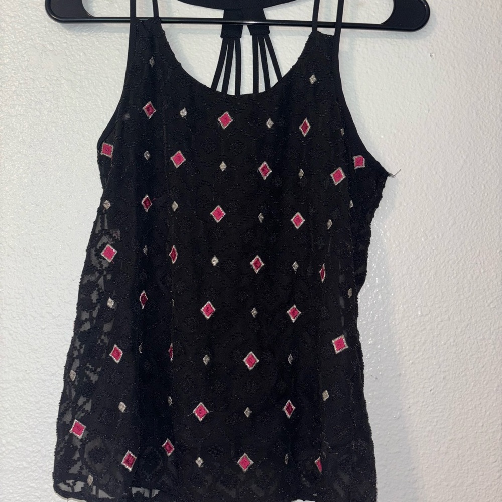 2000s Black Lace Camisole with Pink & Silver Accents